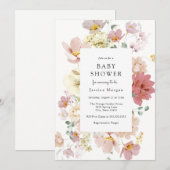 Roze blooming Flowers Baby shower Invitation Kaart (Voorkant / Achterkant)