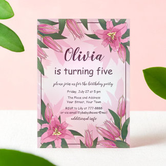 Roze Blooming Lilies Birthday Party Invitation Kaart
