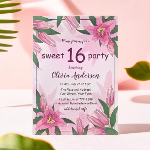 Roze Blooming Lilies Sweet Sixteen Partij Kaart