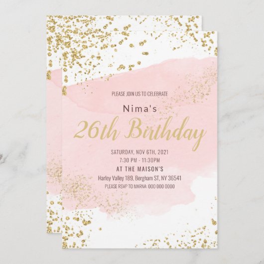 Roze blos aquarel streek gouden glitter kaart (Voorkant / Achterkant)