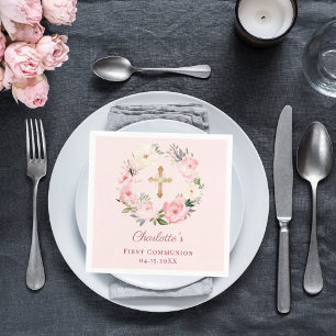Roze blos bloemenkrans Eerste Communie lunch Servet