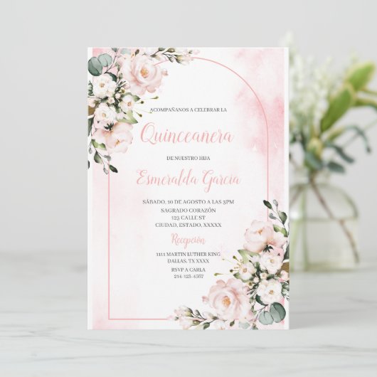 Roze blos eerste quinceanera uitnodiging (Staand voorkant)