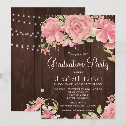 Roze blos roos pioenen rustieke afstudeerfeest kaart (Voorkant / Achterkant)