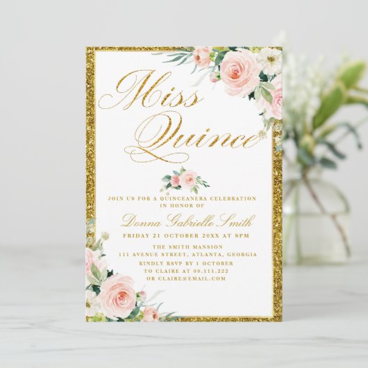 roze blos waterverf floral Quinceanera Kaart (Staand voorkant)