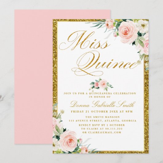 roze blos waterverf floral Quinceanera Kaart (Voorkant / Achterkant)