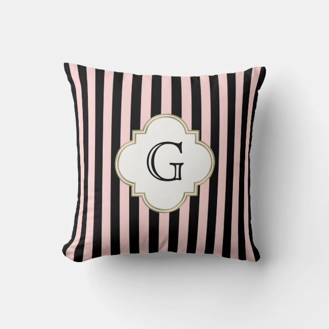 Roze Blos, Zwarte Streep Witte Monogram Label Kussen (Voorkant)