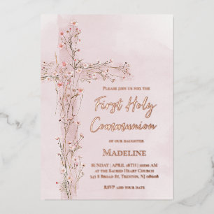 roze blosemen kruis Eerste Heilige Communie Folie Uitnodiging