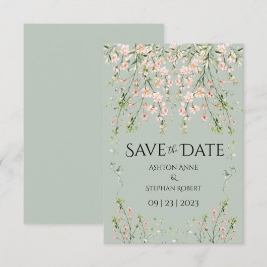 Roze Blosems Wilde Bloemen Salie Groene Trouwdag Save The Date (Voorkant / Achterkant)