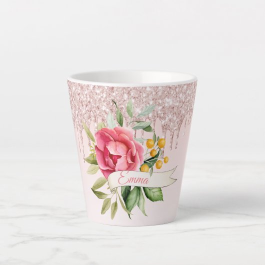 Roze blozen bloemen druppels naam latte mok (Voorkant)