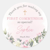 Roze blozen Eerste Communie gunst sticker voor mei (Voorkant)
