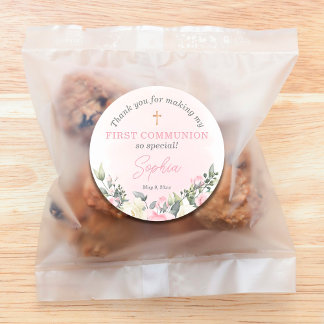 Roze blozen Eerste Communie gunst sticker voor mei