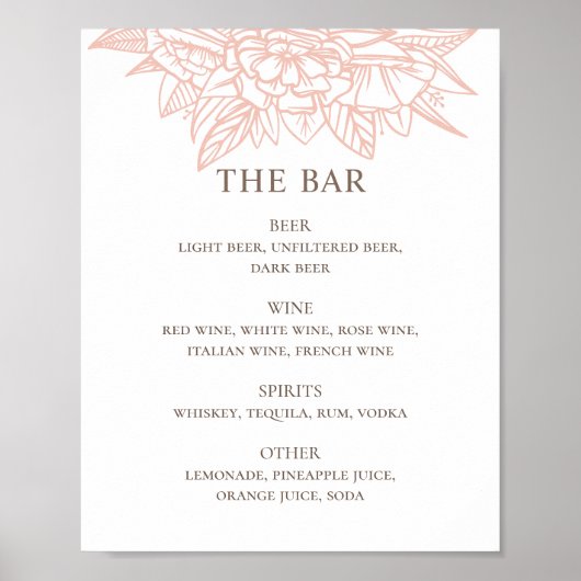 Roze blozen elegant bruiloft drink bar menu poster (Voorkant)
