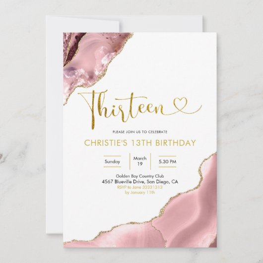 Roze blozen en goudgrijs Dertien verjaardag Invita Kaart (Voorkant)