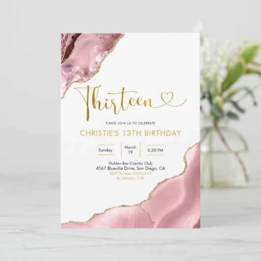 Roze blozen en goudgrijs Dertien verjaardag Invita Kaart (Staand voorkant)