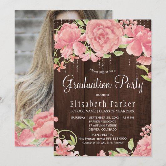 Roze blozen pioenen rustieke FOTO afstudeerfeest Kaart (Voorkant / Achterkant)