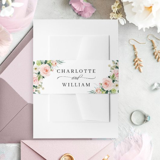 Roze Blozende Bloemen Groene Bloemstuk Bruiloft Uitnodigingen Wikkel