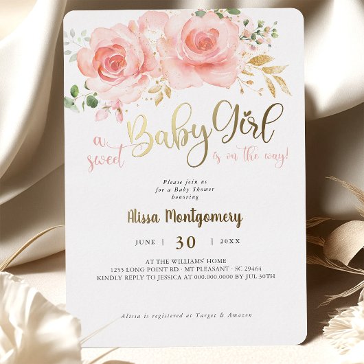 Roze Blozende Bloemen Meisjes Baby Shower Uitnodig Folie Uitnodiging
