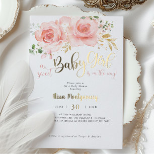Roze Blozende Bloemen Meisjes Baby Shower Uitnodig Folie Uitnodiging