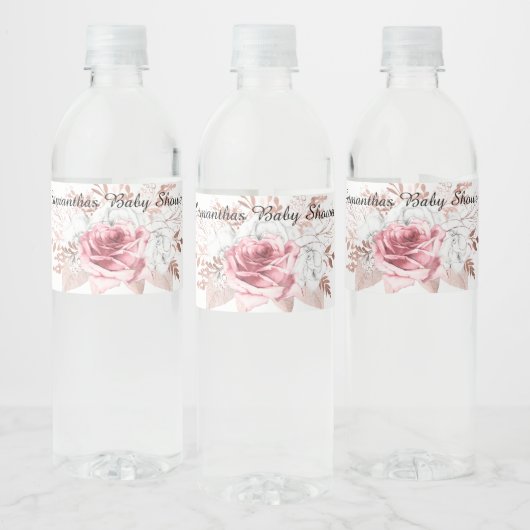 ROZE BLOZENDE FLORALE ROOS Achtergrond WATER WIT Waterfles Etiket (Flessen)