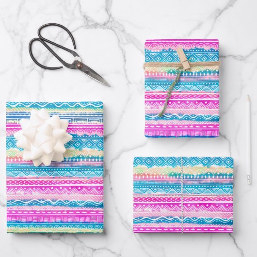 Roze & Blue Aztec Indische Patroon Inpakpapier Vel (Voorkant)