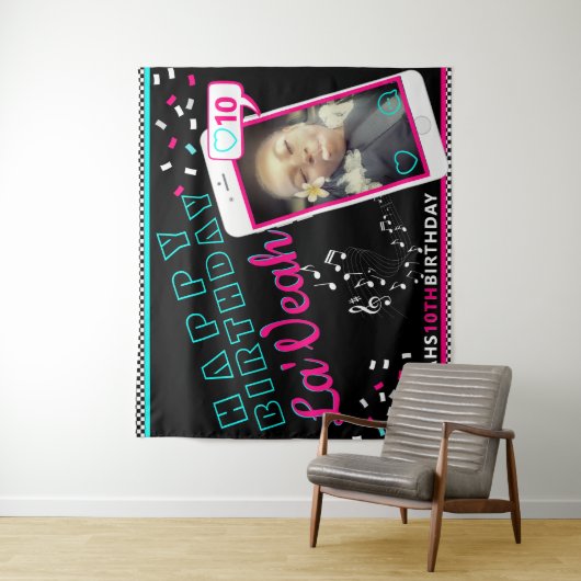 Roze|Blue Cellphone Foto Sociale Media & Muziek Wandkleed (In situ)