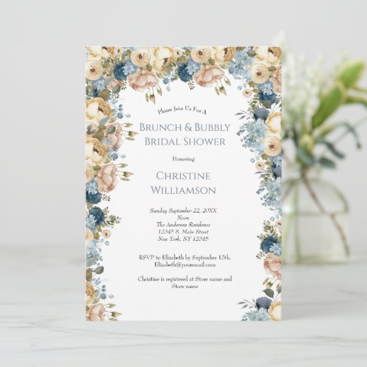 Roze Blue Cream Bloemen Brunch Bubbly Vrijgezellen Kaart (Staand voorkant)