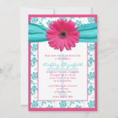 Roze Blue Daisy Damask First Community Invitation Kaart (Voorkant)