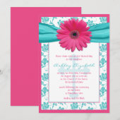 Roze Blue Daisy Damask First Community Invitation Kaart (Voorkant / Achterkant)