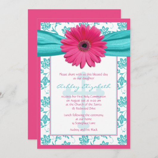 Roze Blue Daisy Damask First Community Invitation Kaart (Voorkant / Achterkant)