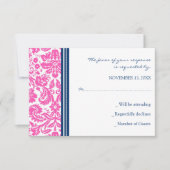 Roze Blue Damask RSVP Weddenskaart (Voorkant)