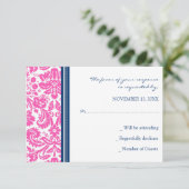 Roze Blue Damask RSVP Weddenskaart (Staand voorkant)