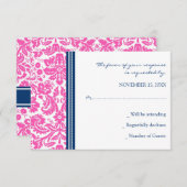 Roze Blue Damask RSVP Weddenskaart (Voorkant / Achterkant)