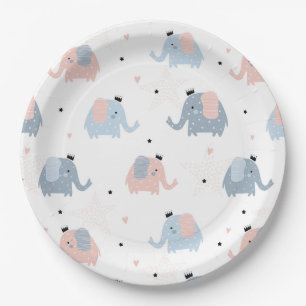Roze Blue Elephants Crowns Girl Boy Baby shower Papieren Bordje