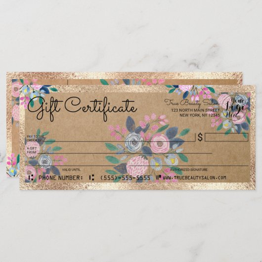 Roze Blue Floral Gold Kraft Check Cadeaubon (Voorkant / Achterkant)