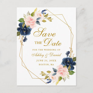 Roze Blue Floral Gold Lijst Save the Date Briefkaa Aankondigingskaart
