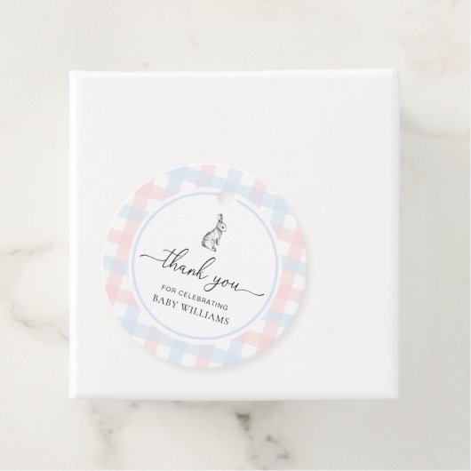 Roze Blue Gingham Bunny Rabbit Baby shower Bedankjes Labels (In situ)