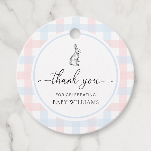 Roze Blue Gingham Bunny Rabbit Baby shower Bedankjes Labels (Voorkant)