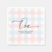 Roze Blue Gingham First Birthday Paper Napkin Servet (Voorkant)