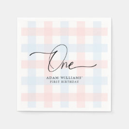 Roze Blue Gingham First Birthday Paper Napkin Servet