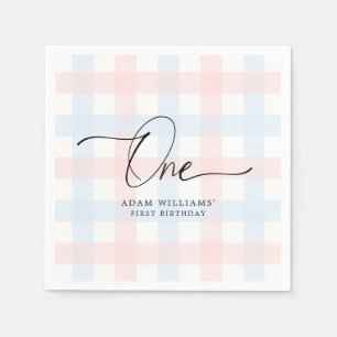 Roze Blue Gingham First Birthday Paper Napkin Servet