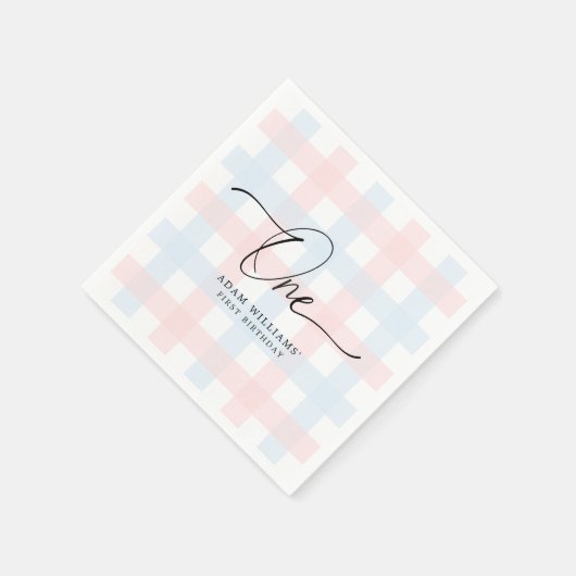Roze Blue Gingham First Birthday Paper Napkin Servet (Hoek)
