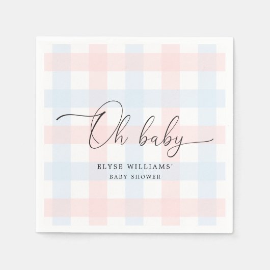 Roze Blue Gingham Oh Baby Paper Napkin Servet (Voorkant)