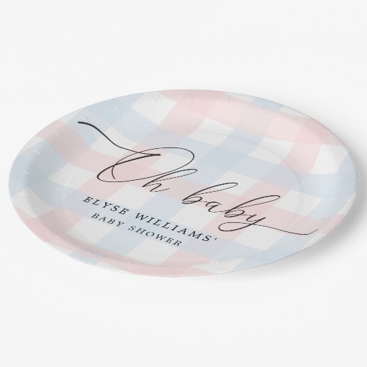 Roze Blue Gingham Oh Baby Papieren Bordje (Gekanteld)