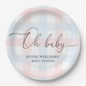 Roze Blue Gingham Oh Baby Papieren Bordje (Voorkant)