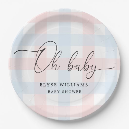 Roze Blue Gingham Oh Baby Papieren Bordje (Voorkant)