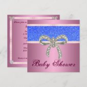 Roze Blue Glitter Diamond Bow Baby shower Invite Kaart (Voorkant / Achterkant)