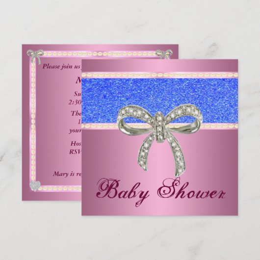 Roze Blue Glitter Diamond Bow Baby shower Invite Kaart (Voorkant / Achterkant)