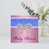 Roze Blue Glitter Diamond Bow Baby shower Invite Kaart (Staand voorkant)