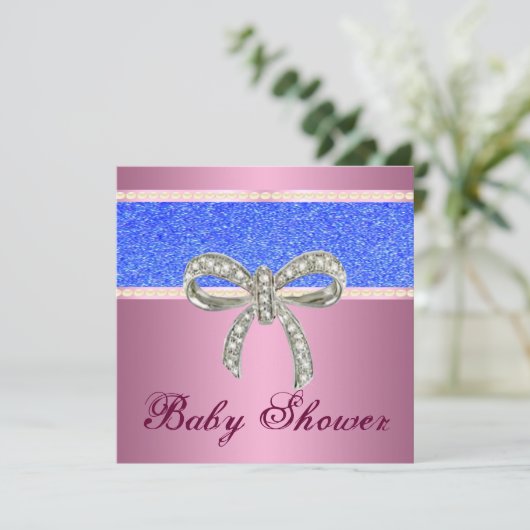 Roze Blue Glitter Diamond Bow Baby shower Invite Kaart (Staand voorkant)
