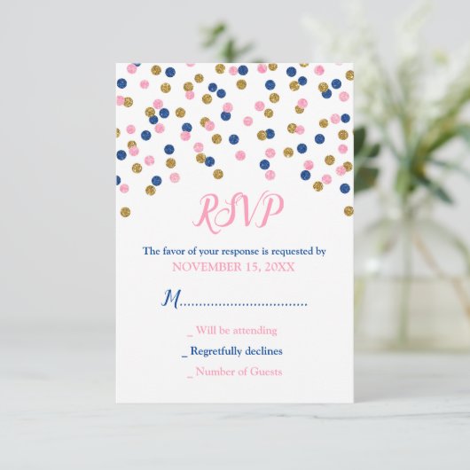 Roze Blue Gold Confetti Baby shower RSVP-kaarten RSVP Kaartje (Staand voorkant)